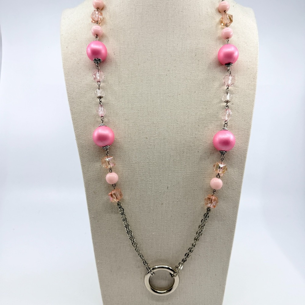 Vintage Y2K Pink Acrylic Faux Pearl & Crystal‎ Long Station Chain Necklace Retro